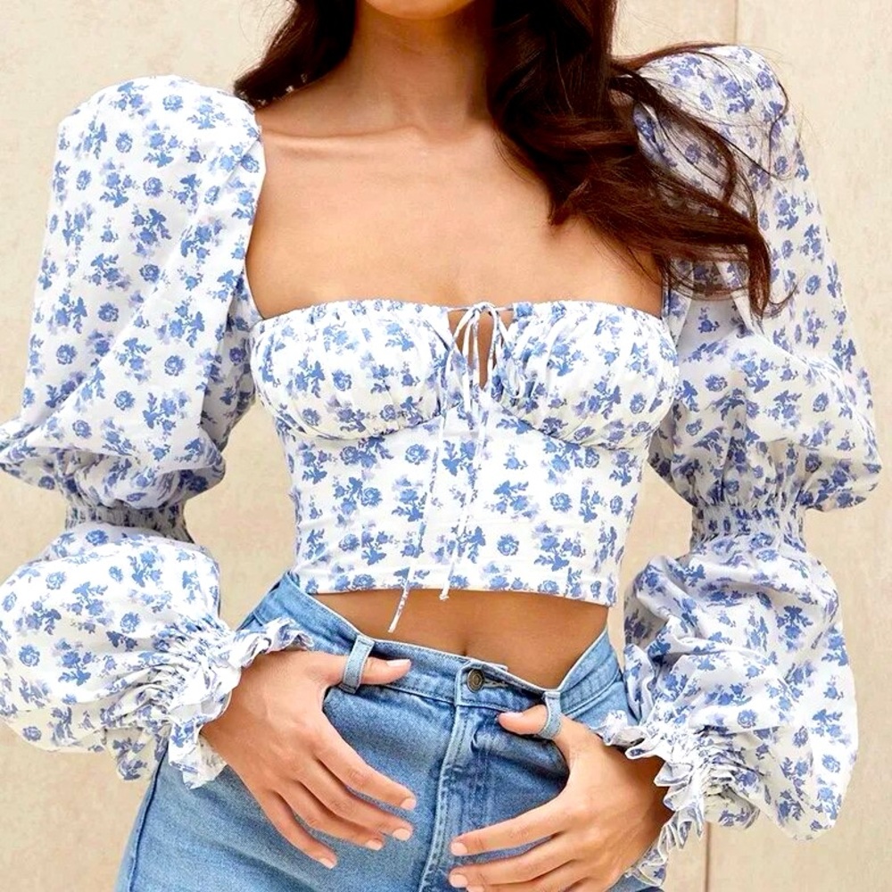 Floral Ruched Drawstring Puff Sleeve Crop Top